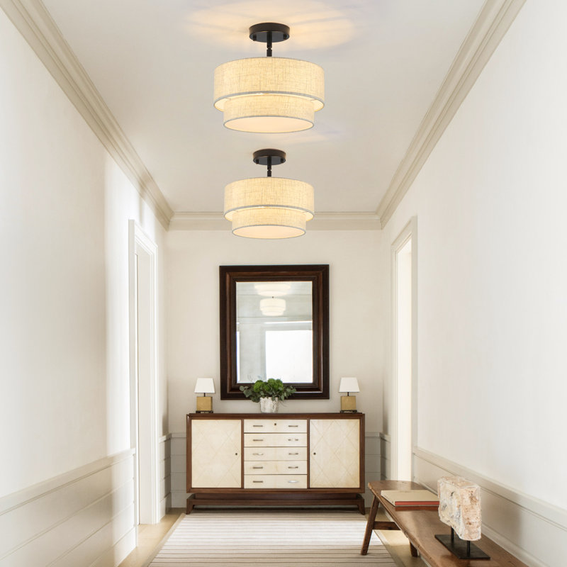 3-Light 2-Tier 12.6" Dimmable Linen Shade Drum Semi Flush Mount Modern Farmhouse Round Ceiling Lamp for Kitchen Island Hallways