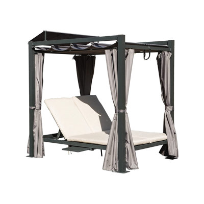 Lit de jour d'extérieur en aluminium avec auvent rétractable - Rideau gris, coussin beige pour la détente au bord de la piscine, chaise longue double, coussin, patio porte-gobelet,