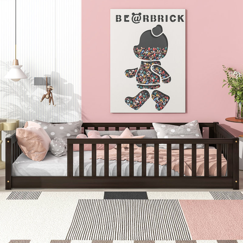 Twin Size Floor Bed For Kids With Safety Guardrails And Door And Slats,Without Door, Black