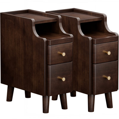 Narrow Nightstand with Drawers, Pre-Assembled Solid Wood Small Skinny Night Stand with Open Sliding Shelf