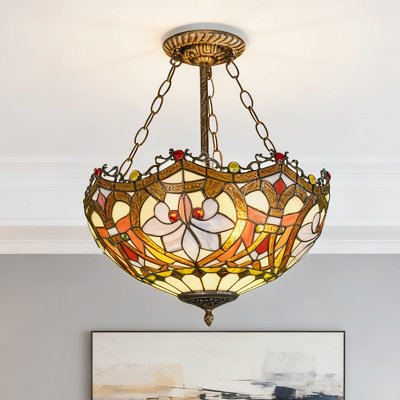 3-Light Baroque Tiffany Glass Semi Flush Mount With Bulbs