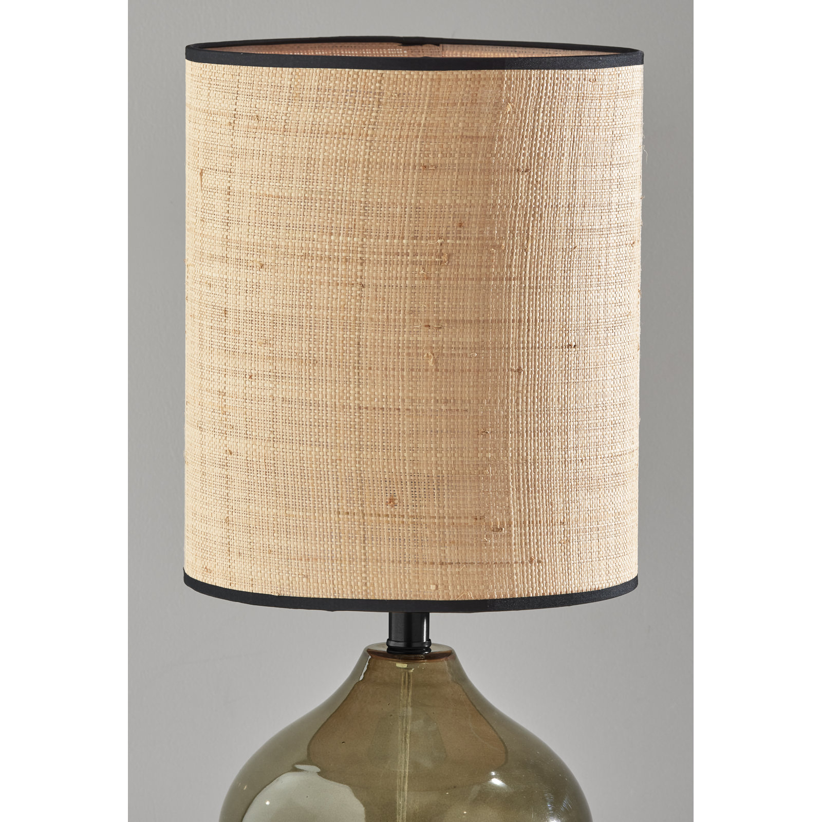 Philomena Glass Table Lamp, Dark Green/Black, Natural Woven Rattan/Black Trim, 23.50" H x 11" W x 11" D