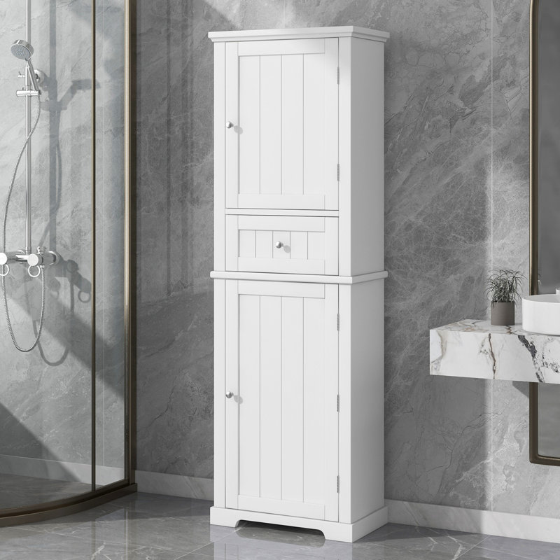 Grande armoire de rangement pour salle de bain, armoire de rangement autoportante avec tiroir et tablette réglable, panneau de fibres à densité moyenne avec finition peinte