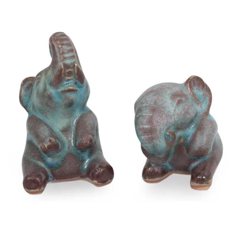 Ensemble de figurine 2 pièces en céramique happy éléphants antiqued celadon Hancox