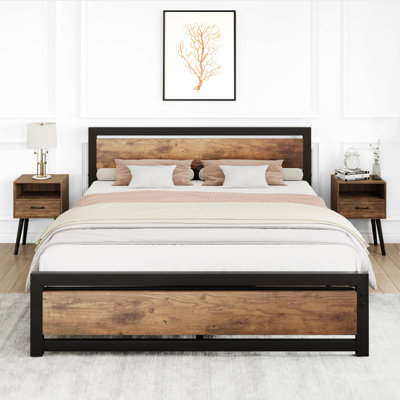 Bed Frame, Metal Platform Bed Frame with Wooden Headboard and Footboard, Non-Slip Heavy Duty Bed Frame with Large Under Bed Storage, No Box Spring Needed, Noiseless
