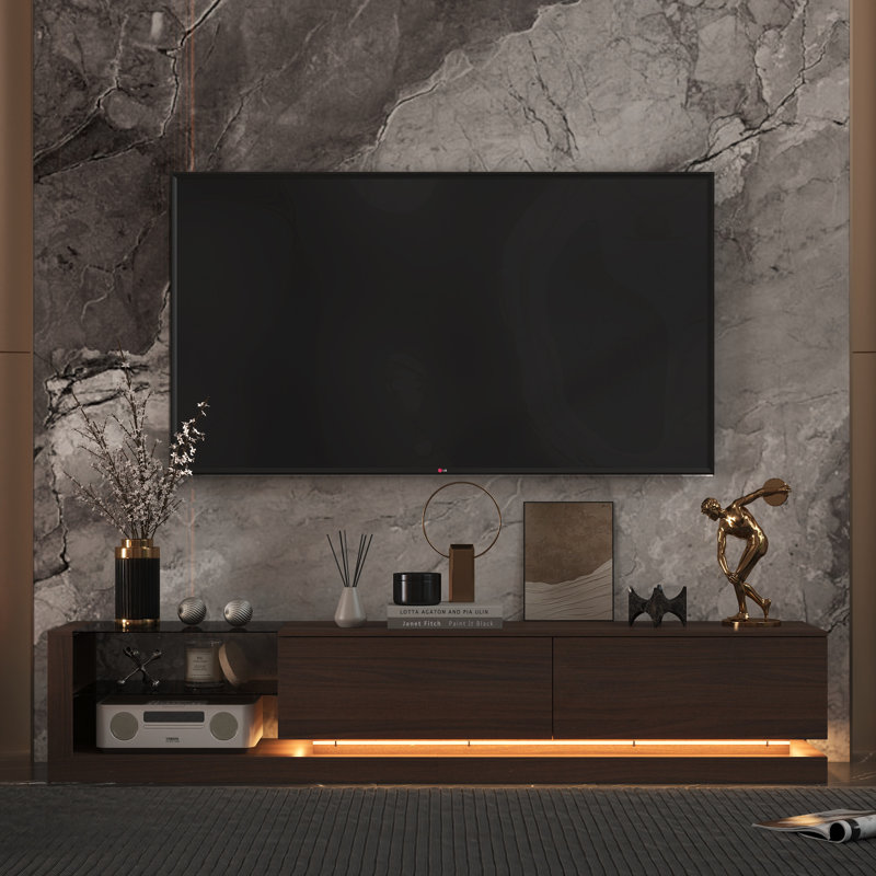 89'' W 2-Drawer Sleek TV Stand Media Console With Ambient Lighting And 2-Tier Tempered Glass