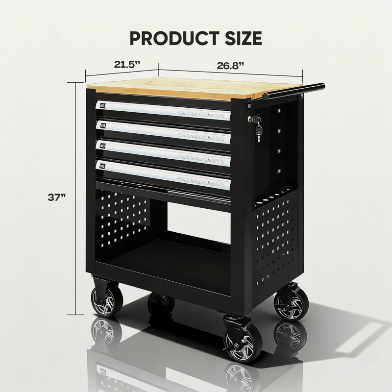 Coffre à outils 4 tiroirs avec serrure, coffre à outils avec roulettes et plateau en bois, Noir