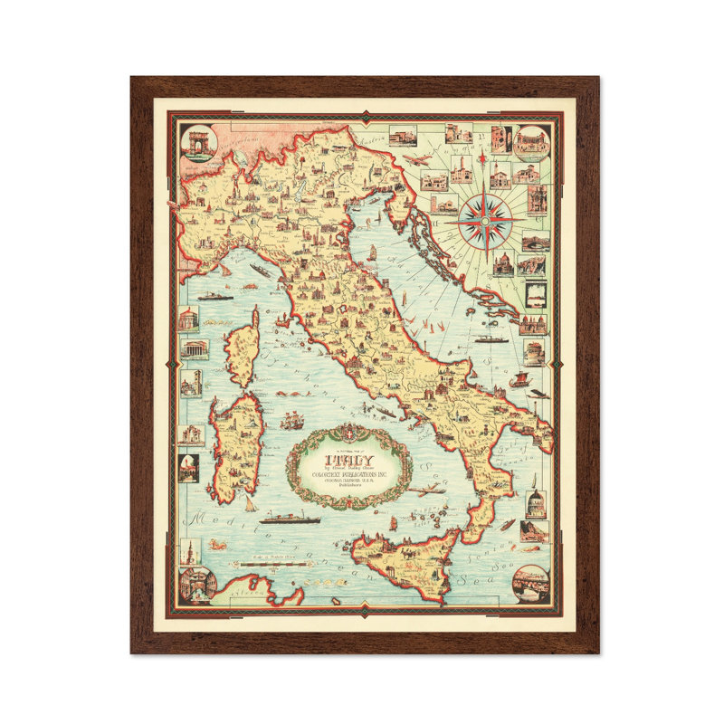 Carte illustrée de l'Italie, H 24 po x l 32 po, Affiche, Encadrement brun