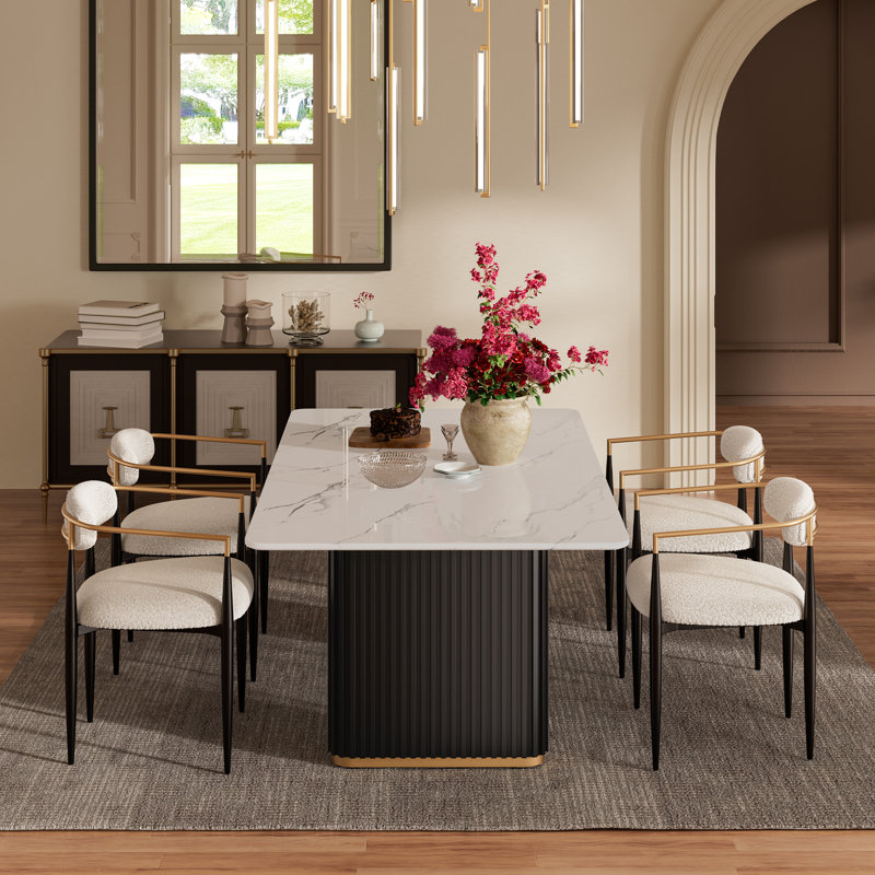 Ensemble de table de salle à manger à double piédestal Velora, Ensemble de cinq pièces : table, quatre chaises, Blanc