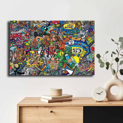Colorful Abstract Street Graffiti Wooden Frame Canvas Wall Art With Funky Character Design – 27.6'' X 17.7''