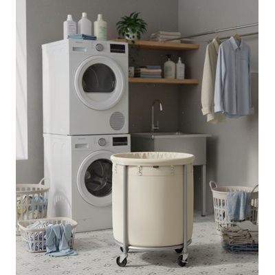 50.2 Gallon (190 Liter) Wheeled Laundry Basket, Cream White + Metallic Silver, Steel Frame Construction With Removable Bag, 2 Locking Wheels