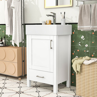 Meuble-lavabo simple contemporain en bois avec lavabo en céramique, tiroir de rangement et porte à fermeture en douceur