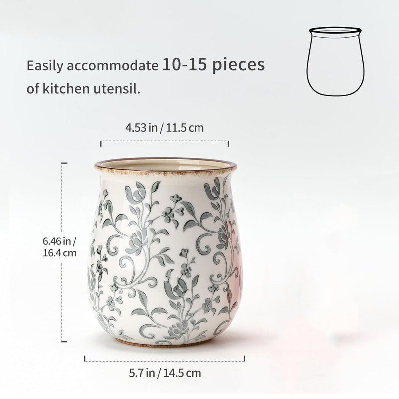 Utensil Holder for Kitchen Counter, Modern Farmhouse Cooking Ceramic Utensil Organizer 16 x 15 x 15 cm