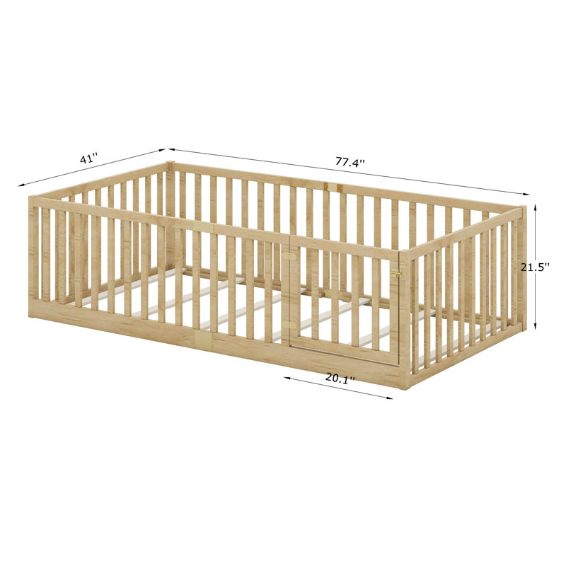 Lit de plancher avec clôture et porte, cadre de lit de plancher avec lattes, cadre de lit en bois avec garde-corps de sécurité