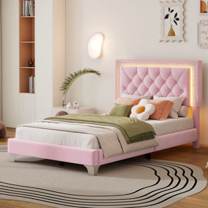 Twin Size Upholstered Bed Frame with LED Lights,Velvet Platform Bed with Tufted Headboard