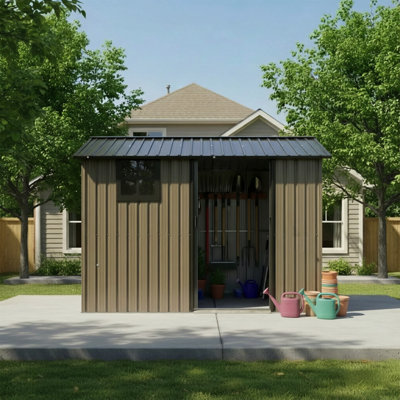 Remise de rangement extérieure en acier galvanisé 8 * 6 pi avec porte coulissante, remise à outils en métal robuste avec fenêtre et évents, remise utilitaire résistante aux intempéries pour la pelouse de patio, brun noir