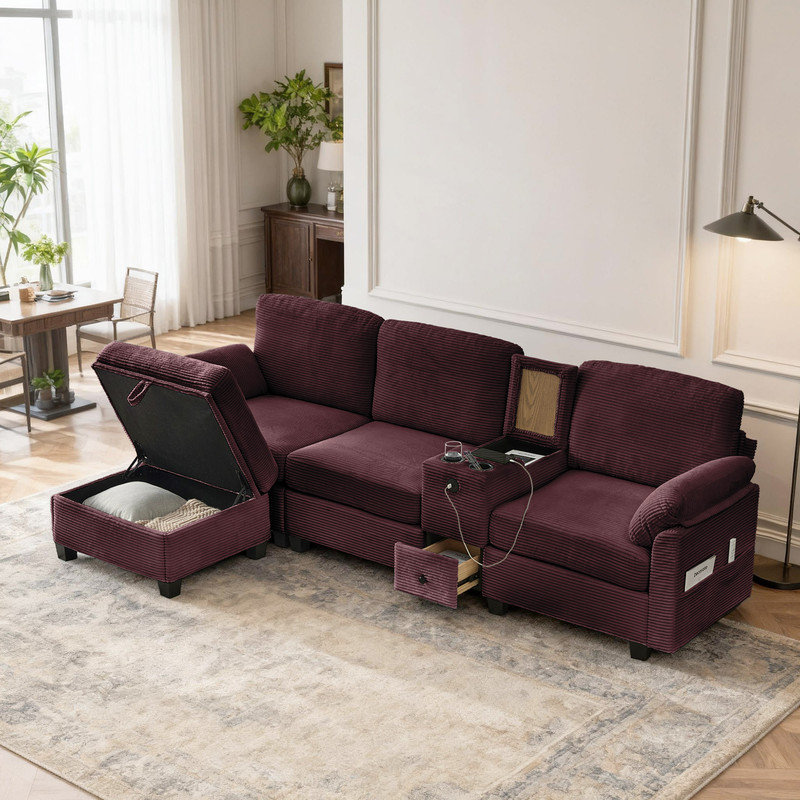 Canapé modulaire moderne en velours côtelé avec repose-pieds, porte-gobelets et ports de chargement USB