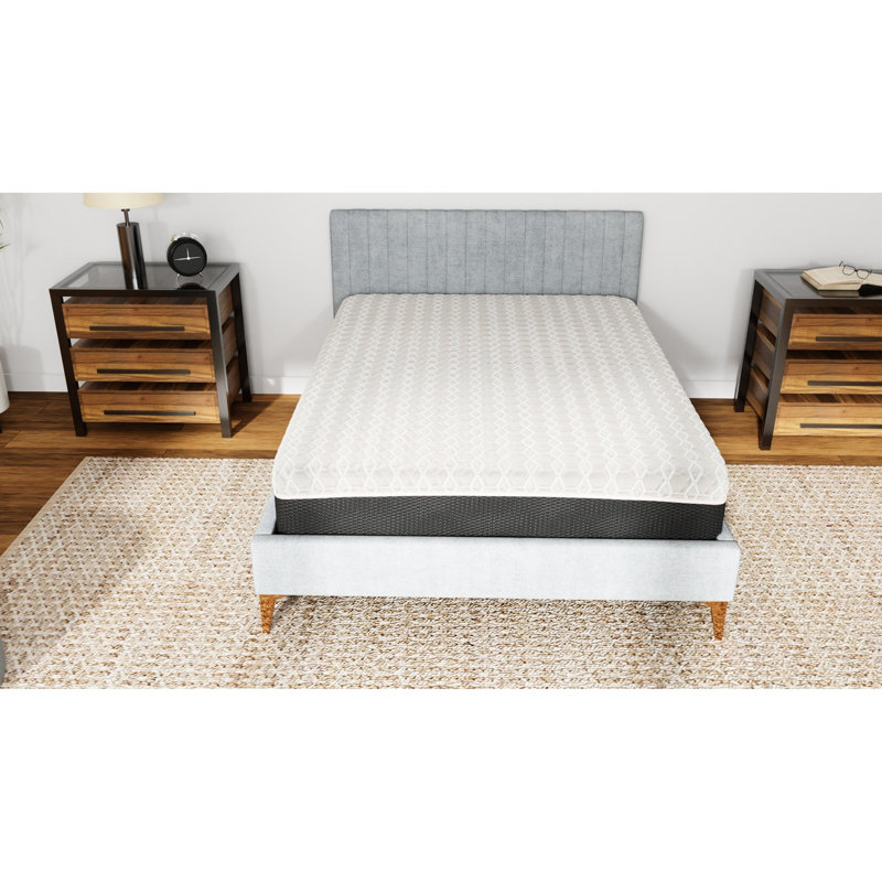 Matelas très grand cuivré 14 pouces - mémoire. Sommeil frais avec couche confort de 4 po, ressorts ensachés moelleux de 6 po et bordure de 2 po. Mousse à mémoire de forme noire et grise pour le sommeil.