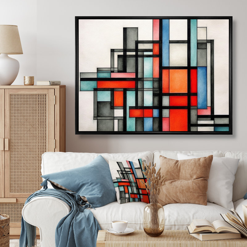 Orange et gris explorant les dimensions sur toile, Cadre flottant noir, H 30 po x l 40 po x P 1,5 po
