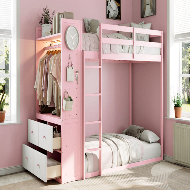 Lit simple superposé simple avec 4 tiroirs de rangement, rail suspendu, bande lumineuse et tablettes intégrées et 2 panneaux perforés, 3 couleurs disponibles, rose