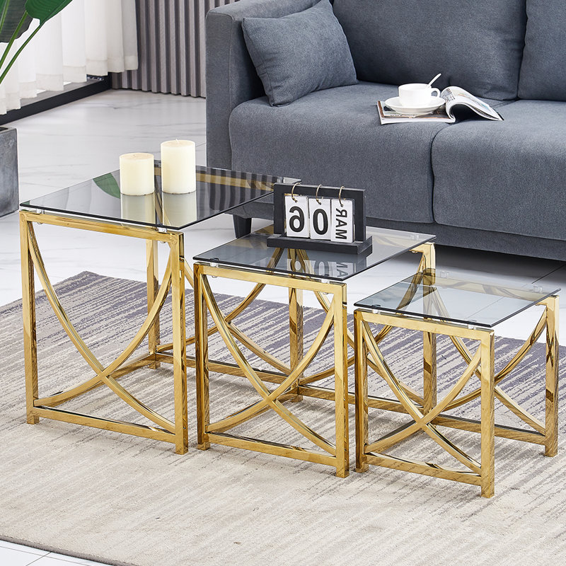 Darrie Stainless Steel Nesting Tables With Tempered Glass Top Set of 3 For Living Room (Curve), Gold/Black Grey