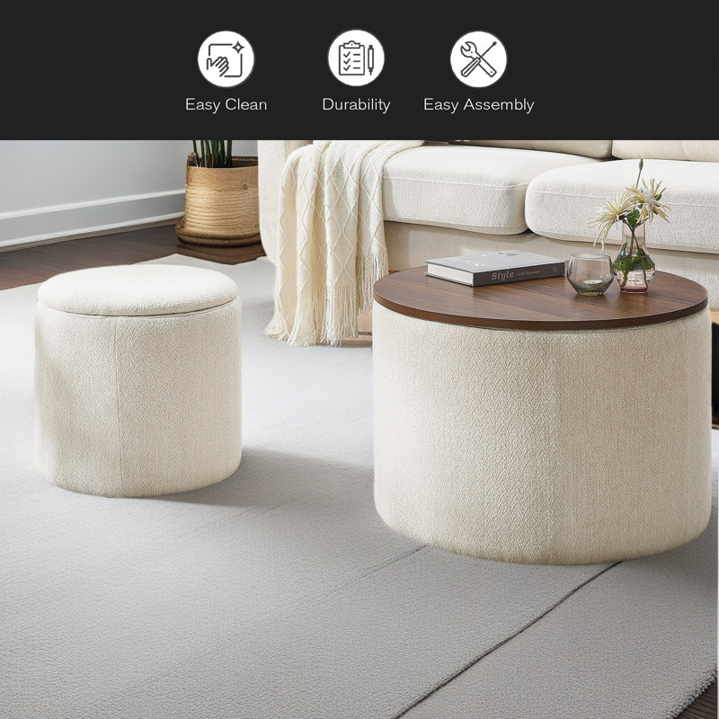 2-Piece Set Round Chenille Storage Ottoman, Equipped With A Drum Shaped Small Stool, Storage Space, And MDF Made Desktop Panel