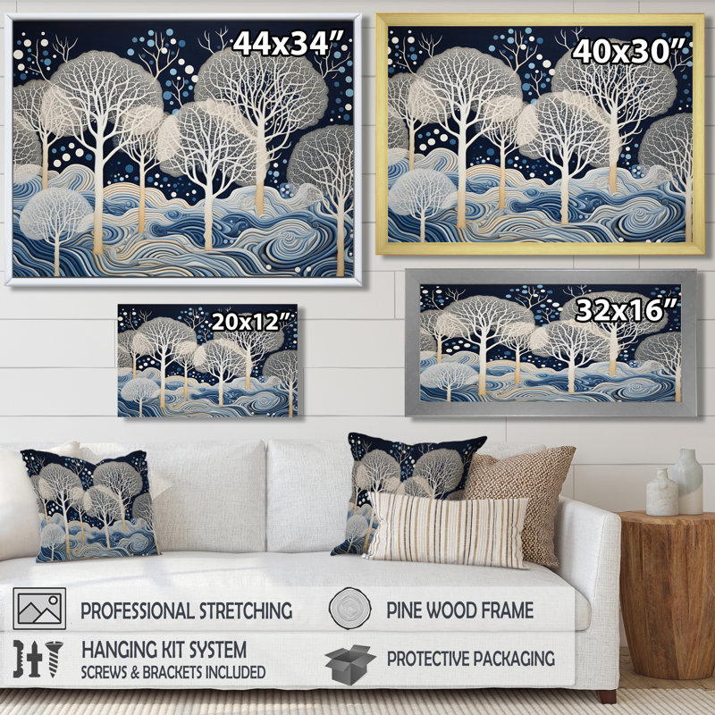 «Winter Magic Trees Blue Night - Tree Oak», reproduction d'art murale, Toile avec cadre flottant brun