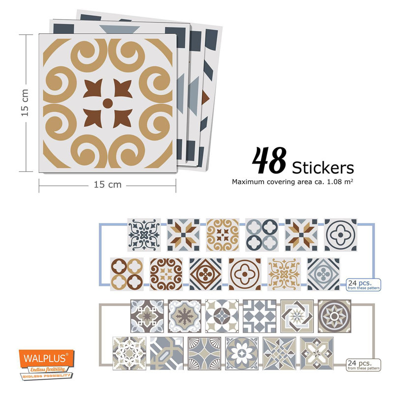 Coffee Azulejo Mix Peel and Stick Tile Sticker -15 W x 15 L
