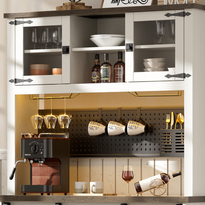 Lavorn 70" Tall Vintage Bar Cabinet with Hutch, Sliding Barn Door, LED Lights, Wine Rack, Outlets, and Pegboard