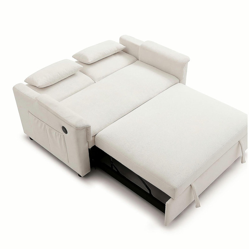 Canapé-lit à deux places en velours de 55 po, dossier réglable avec ports USB, deux poches latérales, canapé-lit convertible 3 en 1, causeuse moderne, 2 coussins de taille pour le salon, BEIGE