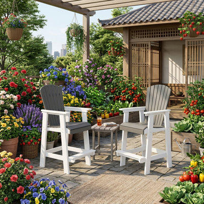 Set of 2 HDPE Outdoor Adirondack Bar Stools for Patio, White Gray