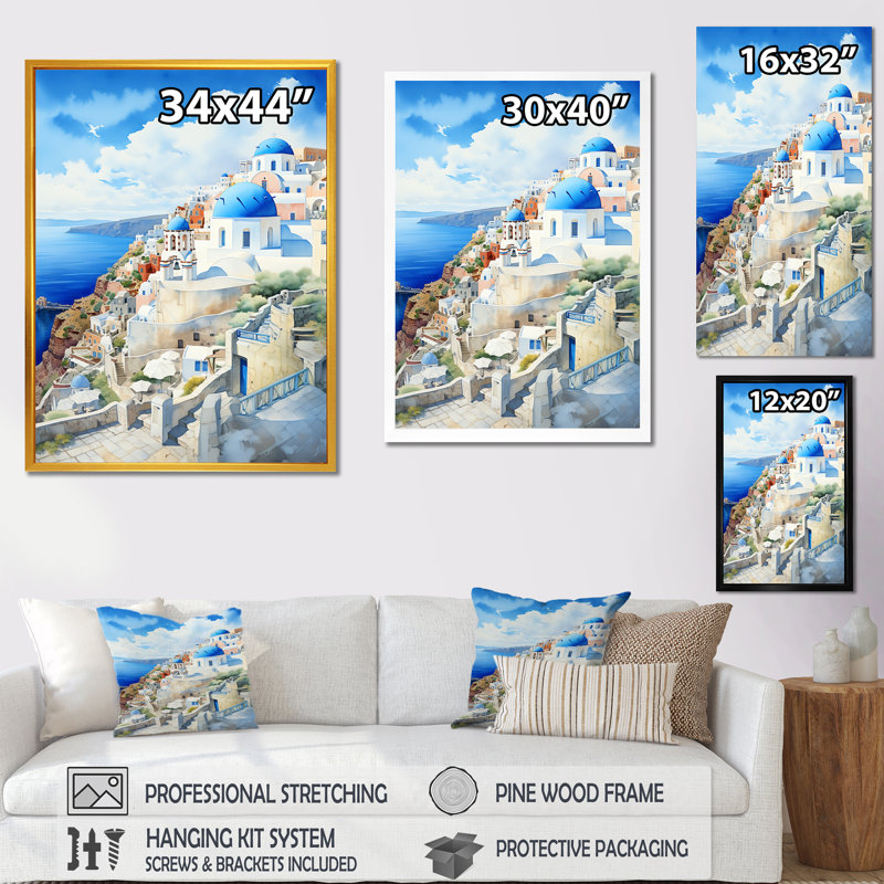 «Greek Isles Coastal Village Dreams I», art mural Grèce, Cadre flottant brun, H 20 po x l 12 po x P 1 po