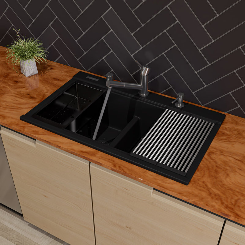34'' L Double Bowl Granite Kitchen Sink, Matte Black