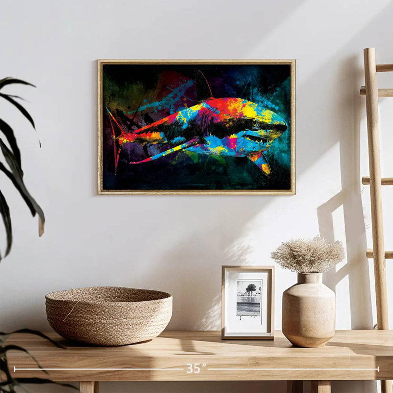 Great White Shark Color Grunge, Floating Frame Natural Wood, 19" X 13"