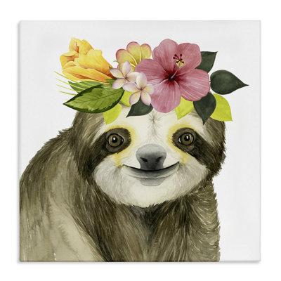 Art mural sur toile «Happy Sloth in Flower Crown» par Grace Popp