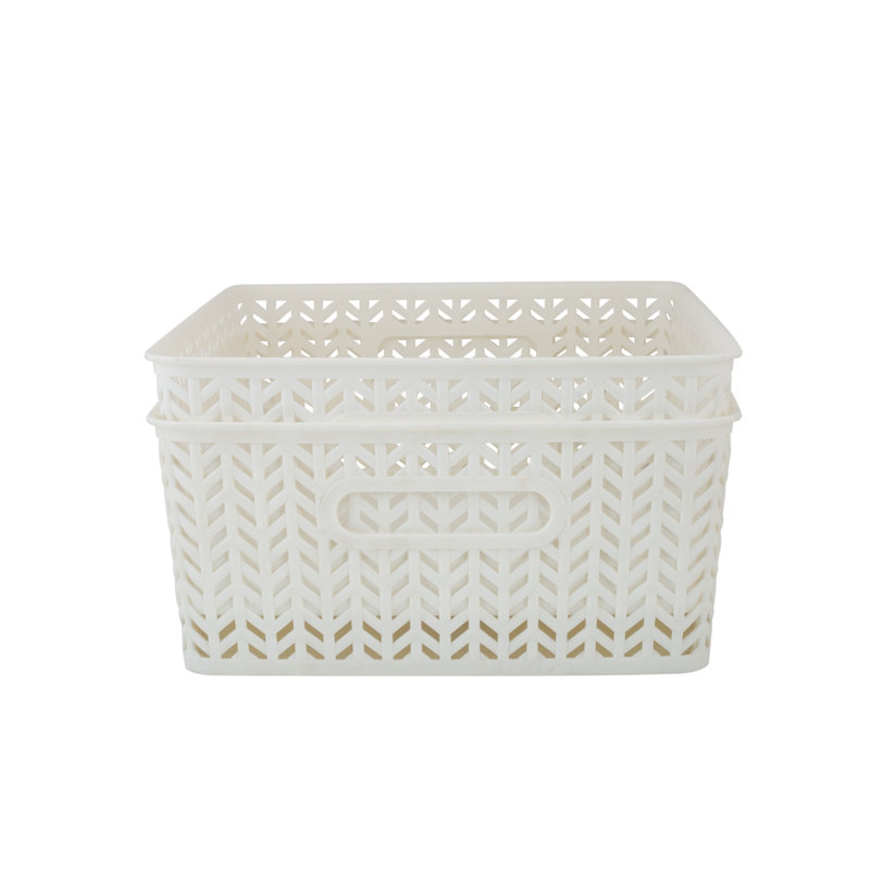 Medium White Polypropylene Herringbone Storage Baskets Set of 2