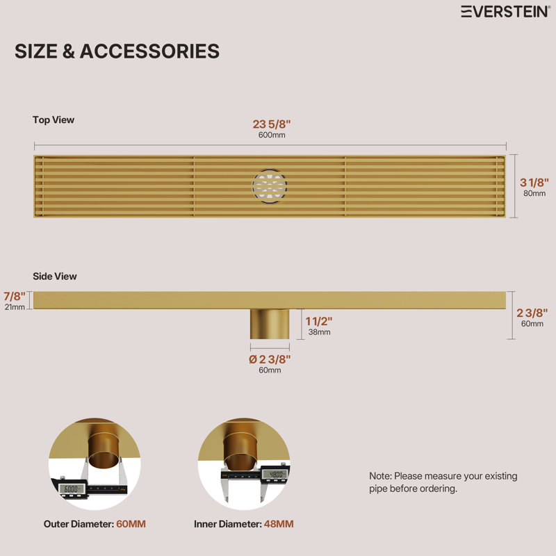 24" Linear Grid Shower Drain, Brushed Gold