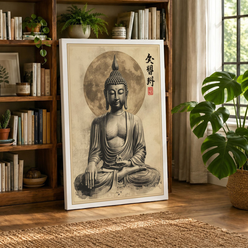 Meditating Buddha Japandi - Wrapped Canvas, 36x24 - 91.4 x 61.0 cm, Black Border