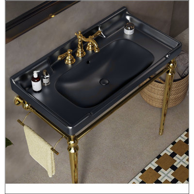 Lavabo de console de salle de bain 36 po Vici, lavabo mural en céramique verte avec 3 trous de robinet pré-percés, pieds de support autoportants en acier inoxydable avec barre à serviettes
