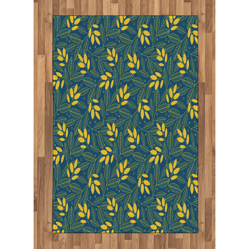 Tapis décoratif jaune et bleu à haute densité en fibres de polyester, Rectangle— 4 pi x 5 pi 8 po
