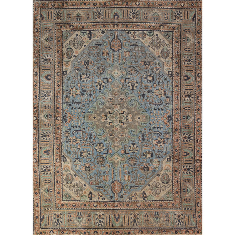 Tapis bleu clair à motif géométrique traditionnel 6 x 9