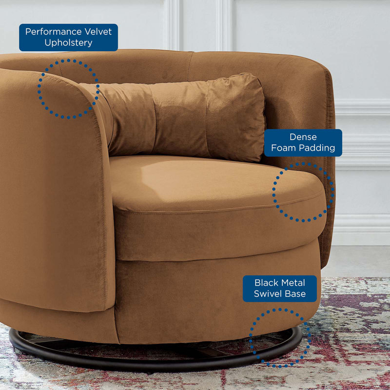 Cognac Velvet Swivel Accent Chair with Black Metal Base