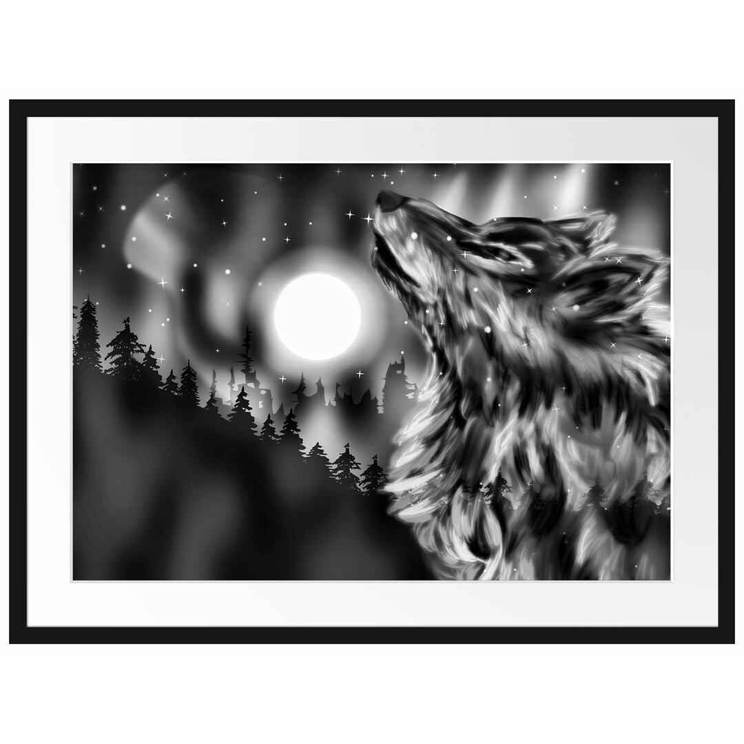 Gerahmtes Poster Abstrakter Wolf mit Mond