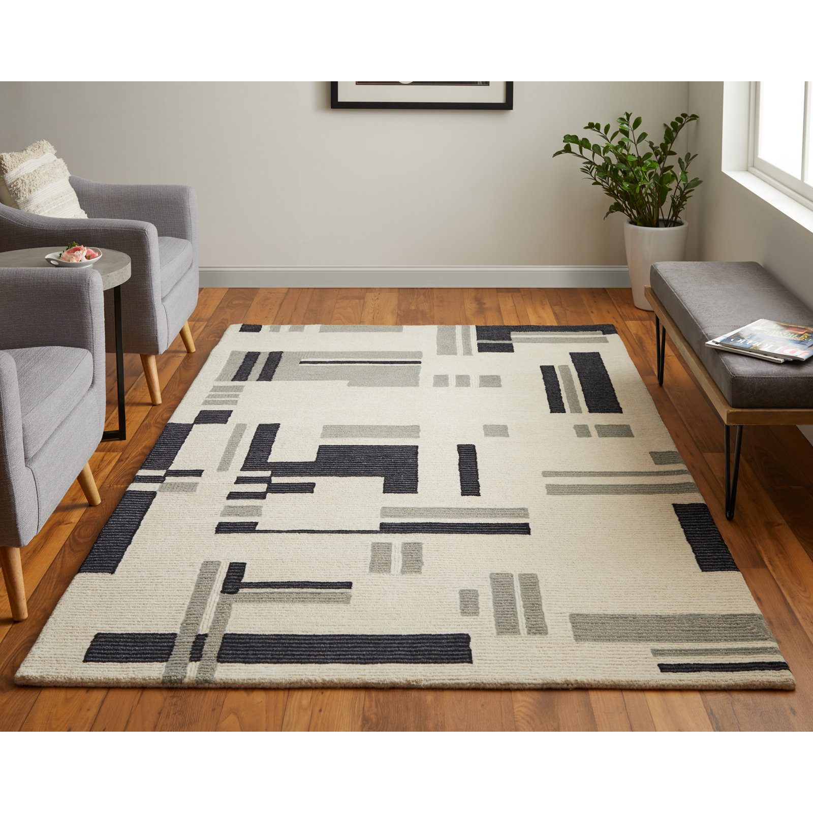 Nya Ivory Black Hand-Tufted Geometric Rug, Rectangle 8' x 10'