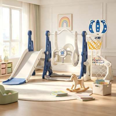 Ensemble 6-en-1 de glissade et de balançoire pour tout-petits avec panier de basketball, but de soccer, jeu de golf et anneau de lancer, aire de jeu intérieure et extérieure en PEHD certifiée ASTM pour les enfants de 1 à 3 ans, capacité de 120 lb