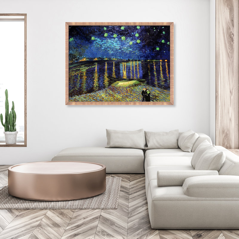 «Starry Night Over The Rhone» par Vincent Van Gogh - peinture sur toile à cadre flottant, H 39 po x l 51 po, Rosé rosé