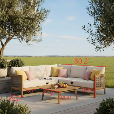 Ensemble de conversation pour canapé d'extérieur 4 pièces, structure en teck durable avec coussins beiges confortables, meubles de jardin toutes saisons pour le jardin, la cour, le balcon et le porche