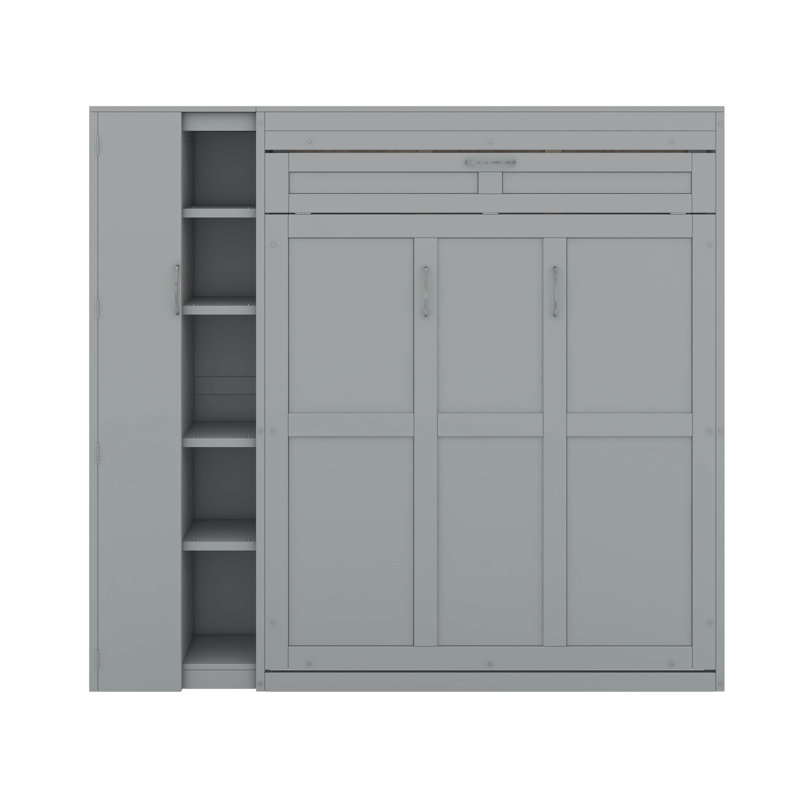 Lit escamotable mural Murphy avec tablettes, garde-robe et lumières DEL, Gris, Double