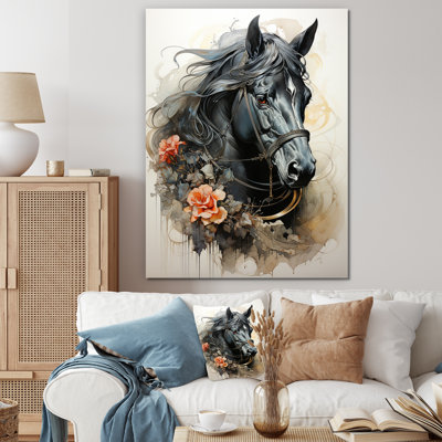 Portrait de cheval floral noir - décoration murale cheval