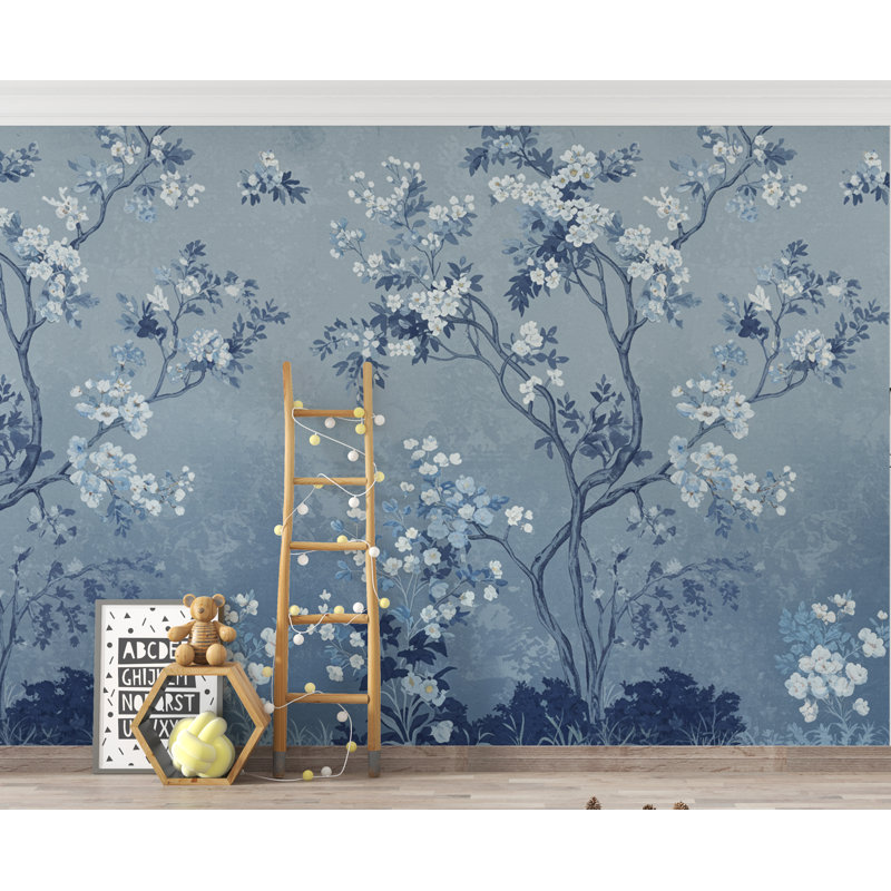 Murale de papier peint arbre bleu chinois - bleu glacé et fleurs bleu marine, branches courbées élégantes, art mural botanique saphir de luxe (Peel-N-Stick) 